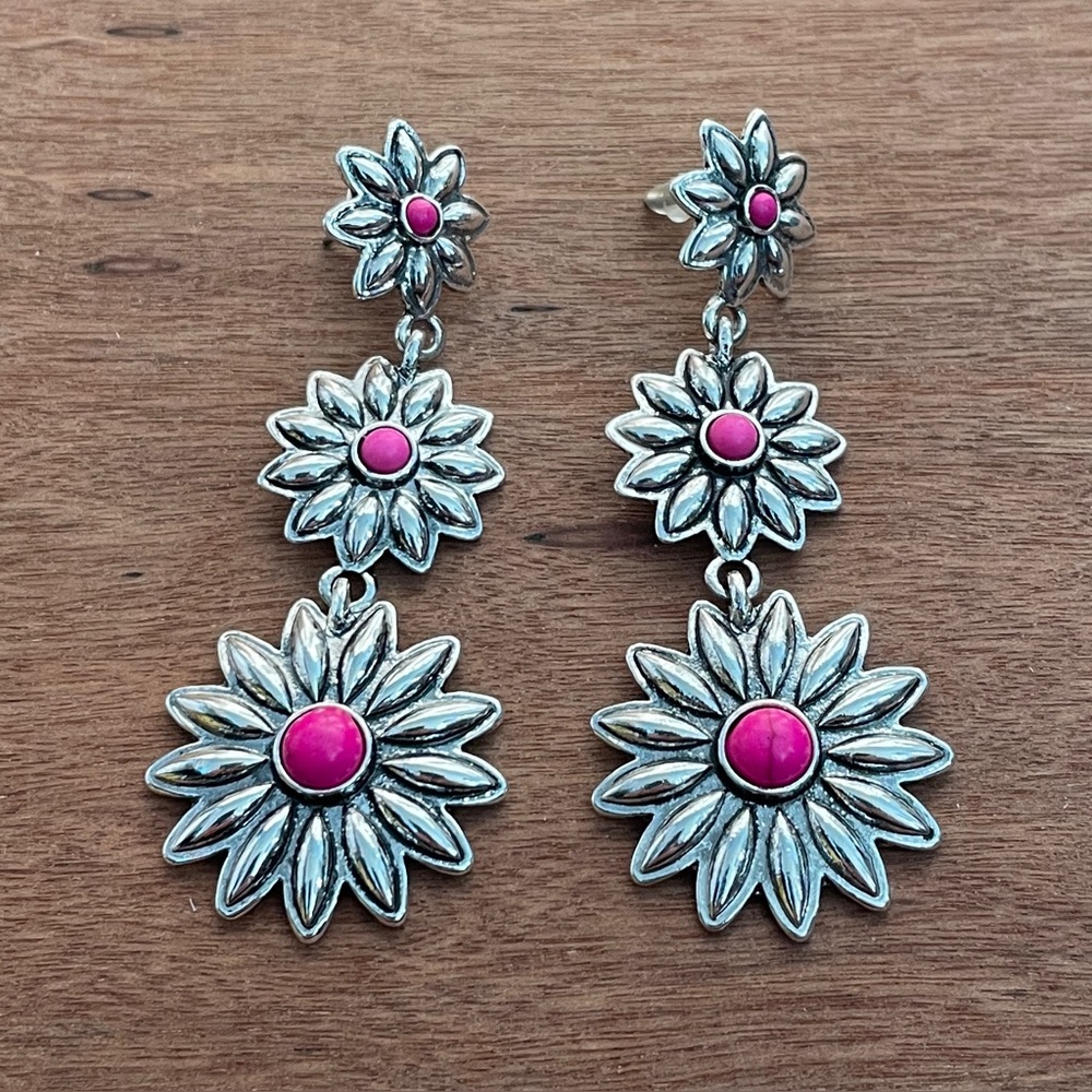 Silver Flower Dangle Earrings - Pink